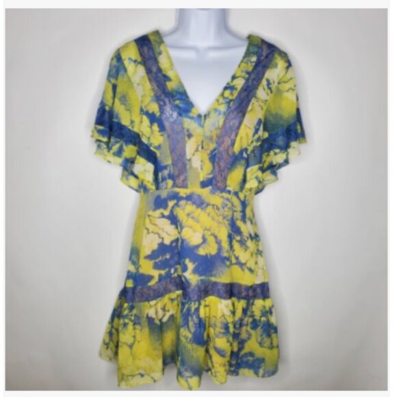 BCBG Maxazria Womens Karian Mini Dress Size 4 Dark Lime Combo Flutter Sleeve - Picture 1 of 6
